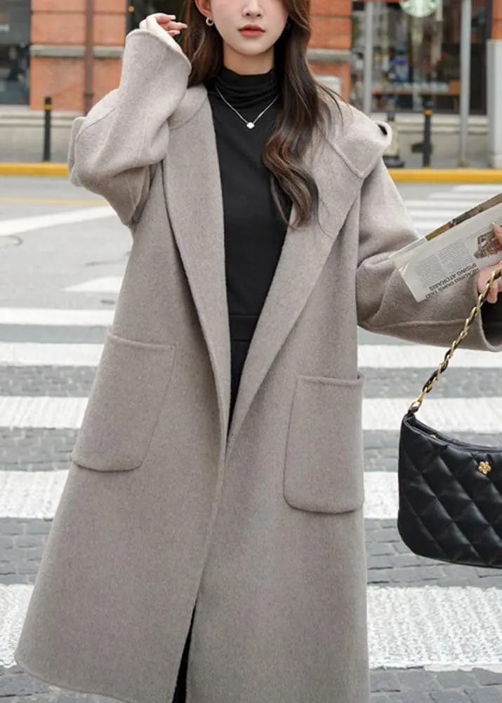 chouyatou Women's Winter Open Front Wool Coat Causal Hooded Mid Long Trench Coat Overcoat with Pockets