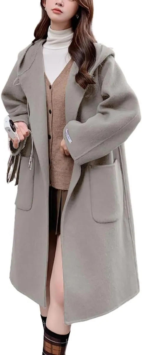 chouyatou Women's Winter Open Front Wool Coat Causal Hooded Mid Long Trench Coat Overcoat with Pockets
