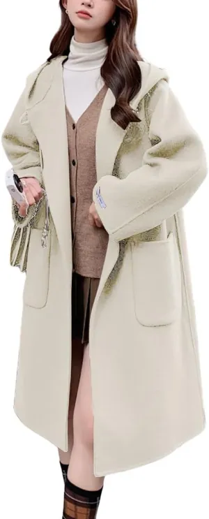 chouyatou Women's Winter Open Front Wool Coat Causal Hooded Mid Long Trench Coat Overcoat with Pockets