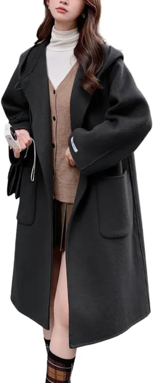 chouyatou Women's Winter Open Front Wool Coat Causal Hooded Mid Long Trench Coat Overcoat with Pockets