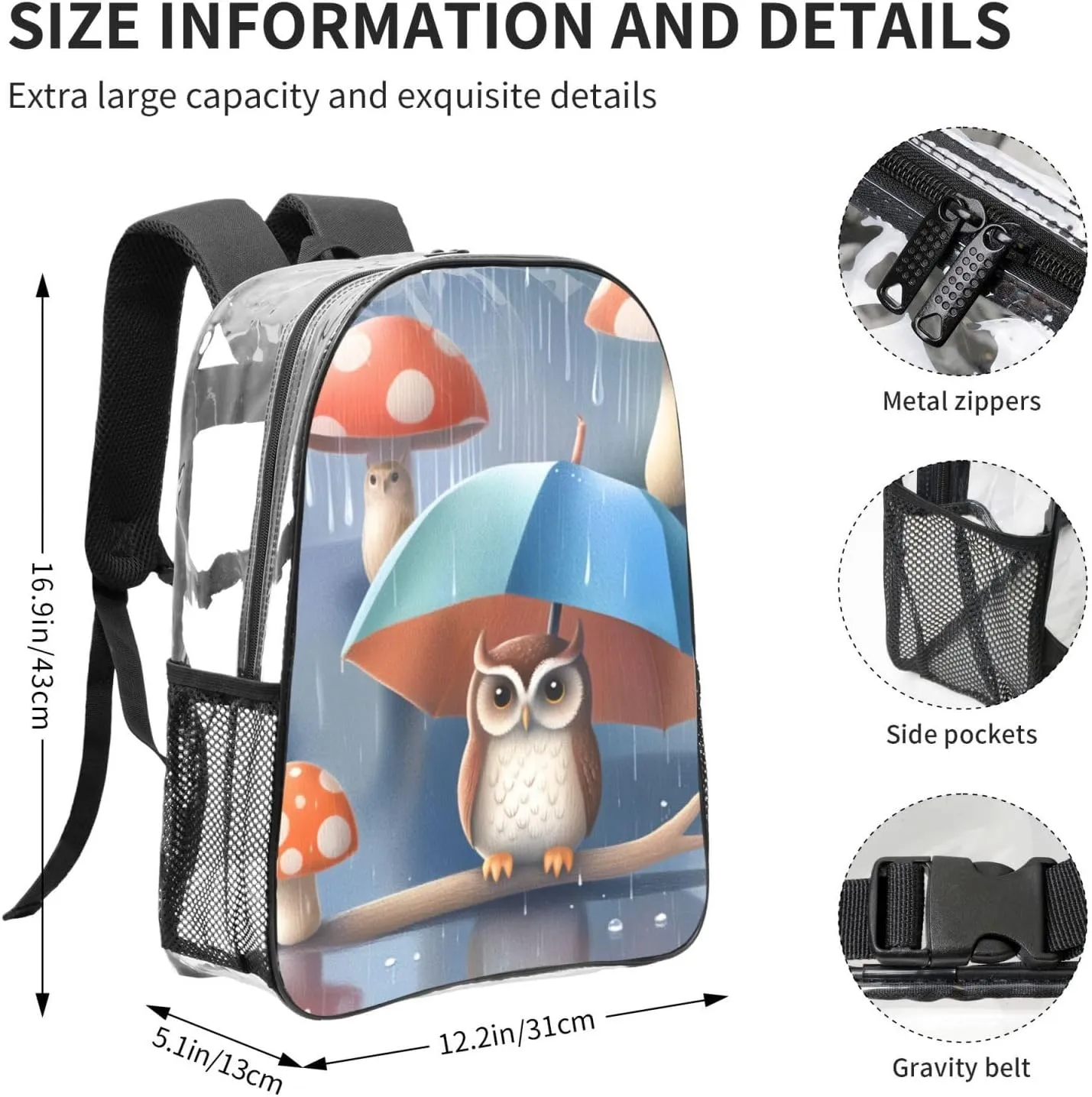 Clear Backpack, Compatible with Cute Owl Mushroom Clear Bag Stadium Approved, PVC Transparent Clear Book Bag with Adjustable Shoulder Straps for Security Work Concert Festival Travel