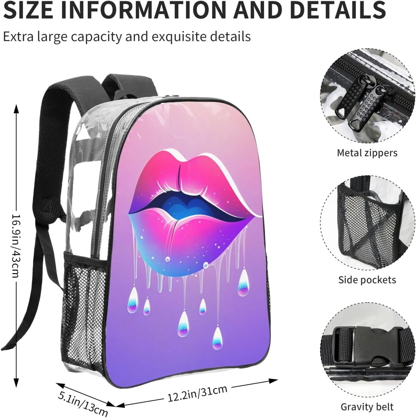 Clear Backpack Heavy Duty, Compatible with Funny Lips Transparent Backpack PVC See Through Bookbag for Women Men for Stadium Events College Work Festival