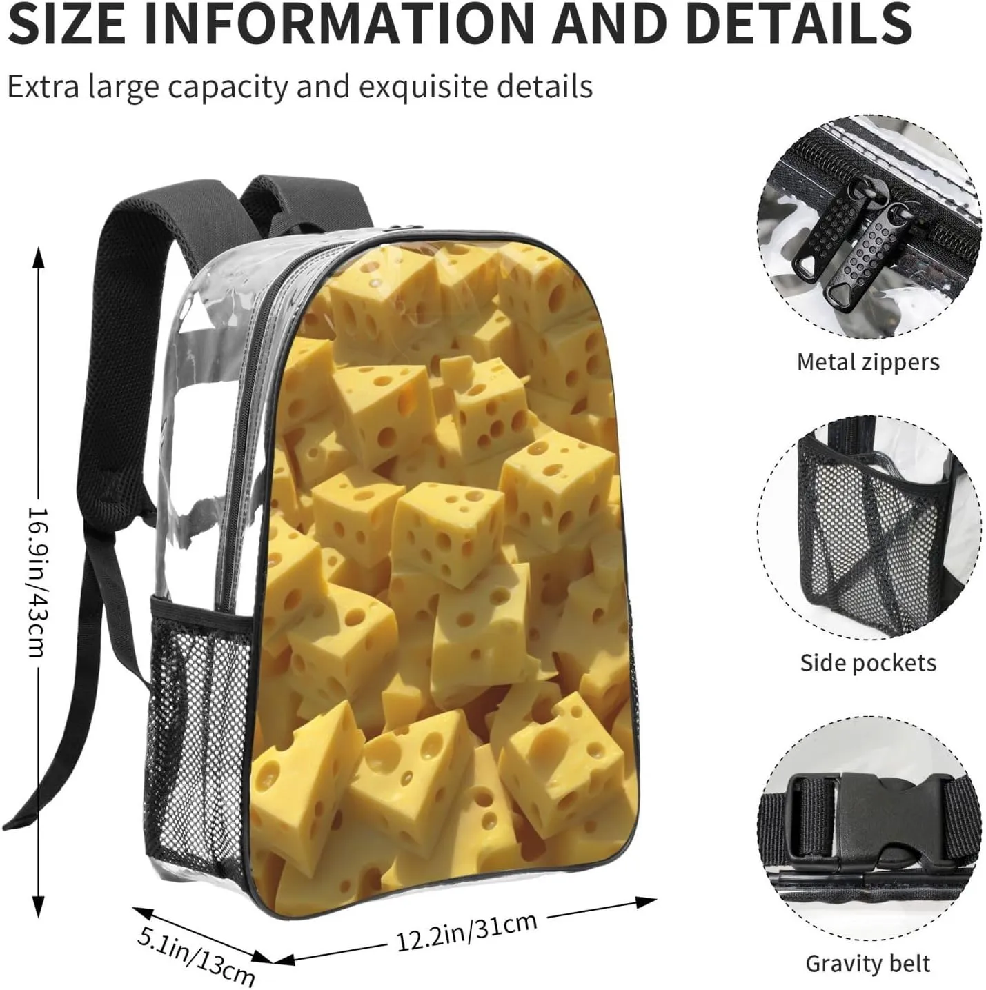 Clear Backpack Stadium Approved for Concert Festival Sport Work, Small Clear Bag with Reinforced Shoulder Straps - Compatible with Yellow Cheese Pattern Texture