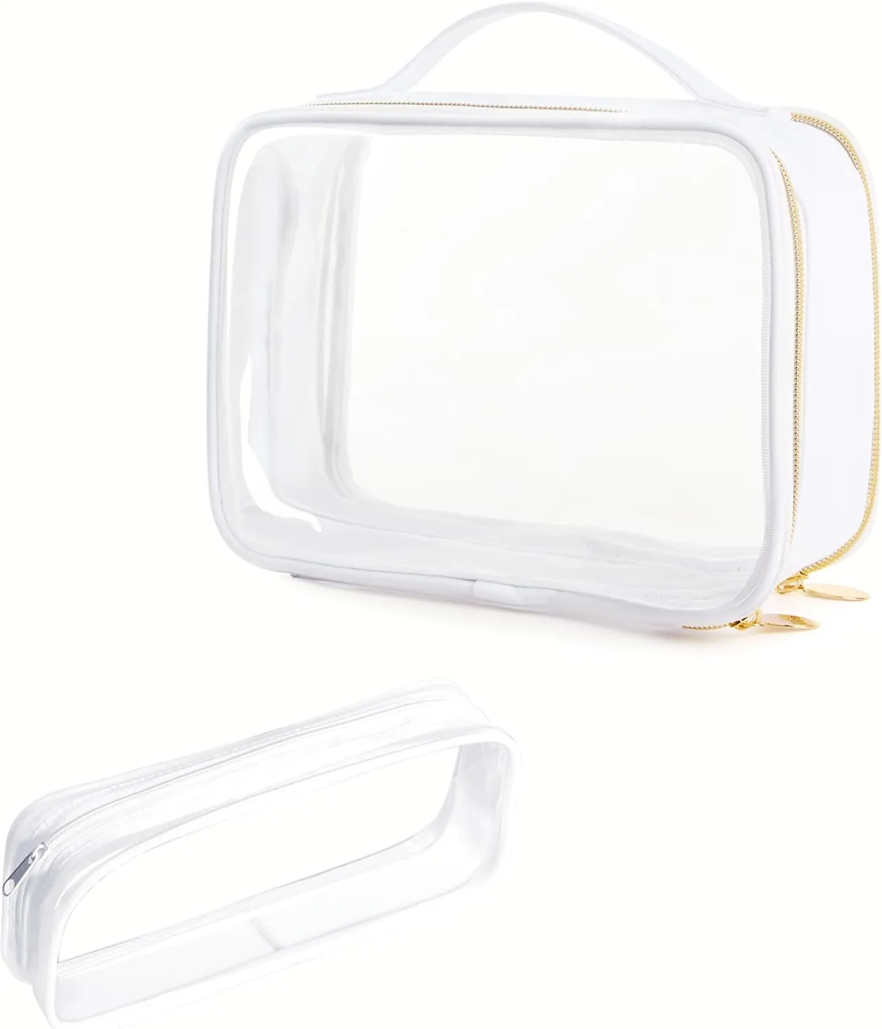 Clear Cosmetic Bag with Handle - Two Compartment Toiletry & Makeup Bag - Zipper Makeup Organizer - Clear Makeup Brush Holder (Medium & Slim, White)