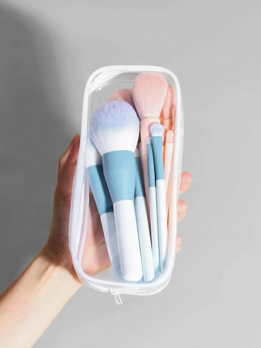 Clear Cosmetic Bag with Handle - Two Compartment Toiletry & Makeup Bag - Zipper Makeup Organizer - Clear Makeup Brush Holder (Medium & Slim, White)