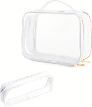 Clear Cosmetic Bag with Handle - Two Compartment Toiletry & Makeup Bag - Zipper Makeup Organizer - Clear Makeup Brush Holder (Medium & Slim, White)