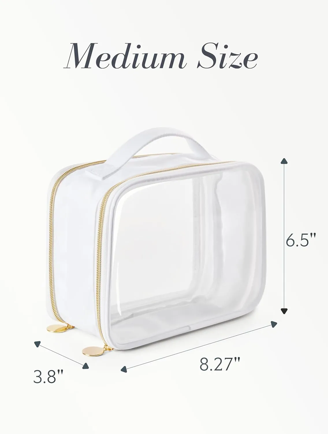 Clear Cosmetic Bag with Handle - Two Compartment Toiletry & Makeup Bag - Zipper Makeup Organizer - Clear Makeup Brush Holder (Medium & Slim, White)