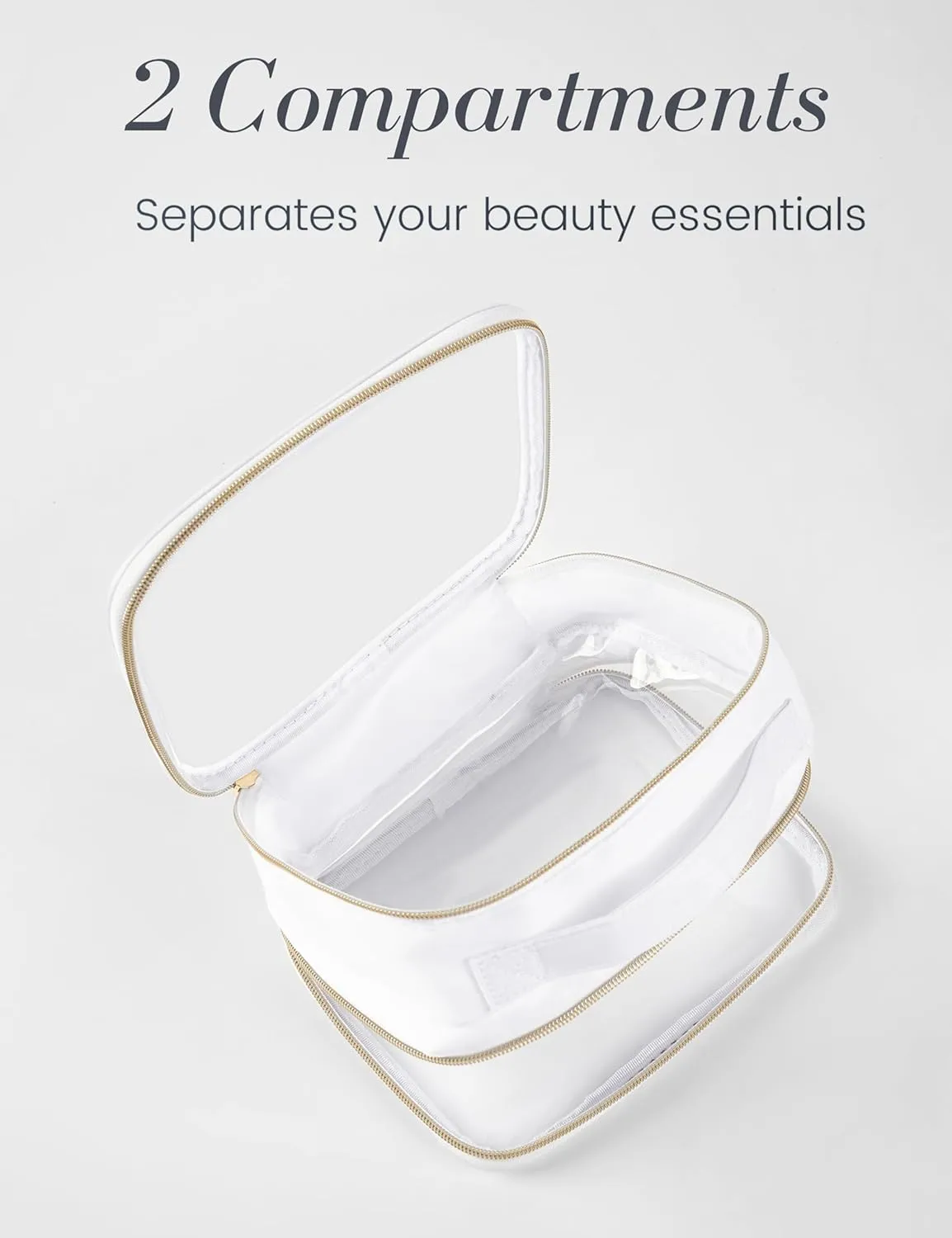 Clear Cosmetic Bag with Handle - Two Compartment Toiletry & Makeup Bag - Zipper Makeup Organizer - Clear Makeup Brush Holder (Medium & Slim, White)