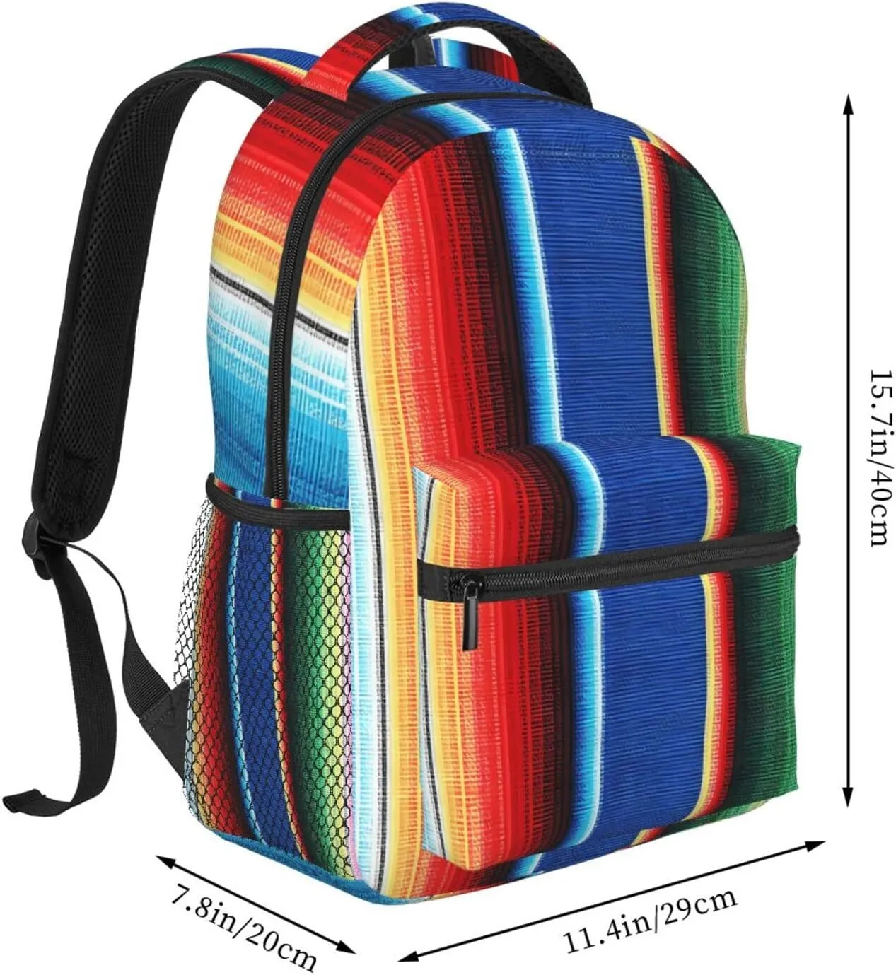 Colorful Mexican Stripes Backpack Casual Pack Bag Laptop Backpack With Side Pocket Front Zipper Pocket Bookpack Travel Daypack Picnic Rucksack