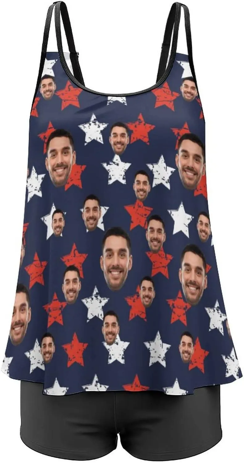 Custom Face on Tankini Swimsuits for Women Plus Size Bathing Suits Amrican Flag Swimming Sports Tank Tops with Boyshorts