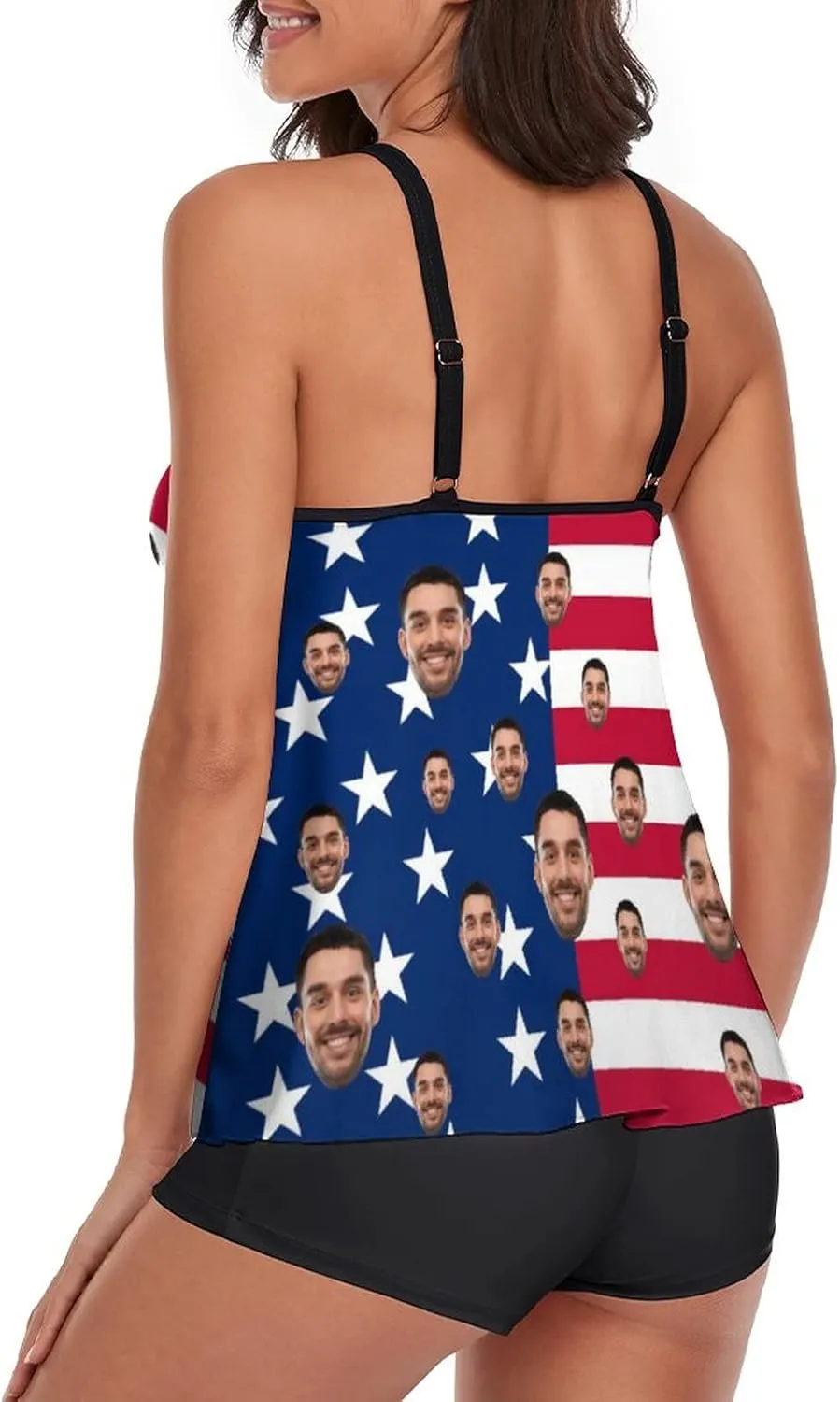 Custom Face on Tankini Swimsuits for Women Plus Size Bathing Suits Amrican Flag Swimming Sports Tank Tops with Boyshorts