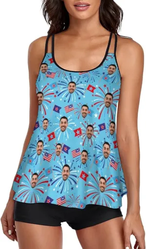 Custom Face on Tankini Swimsuits for Women Plus Size Bathing Suits Amrican Flag Swimming Sports Tank Tops with Boyshorts