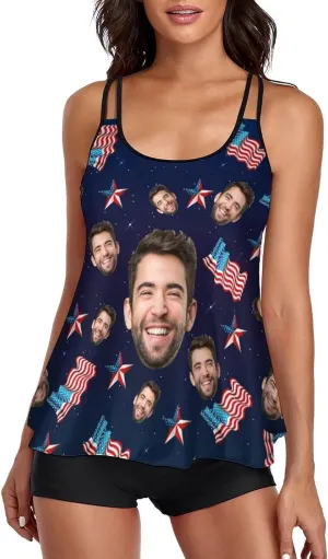 Custom Face on Tankini Swimsuits for Women Plus Size Bathing Suits Amrican Flag Swimming Sports Tank Tops with Boyshorts