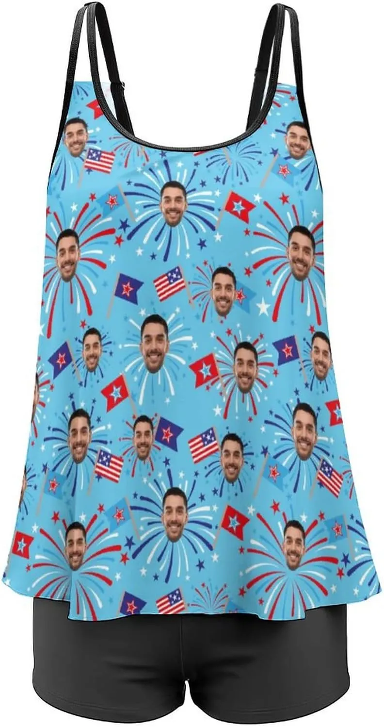 Custom Face on Tankini Swimsuits for Women Plus Size Bathing Suits Amrican Flag Swimming Sports Tank Tops with Boyshorts