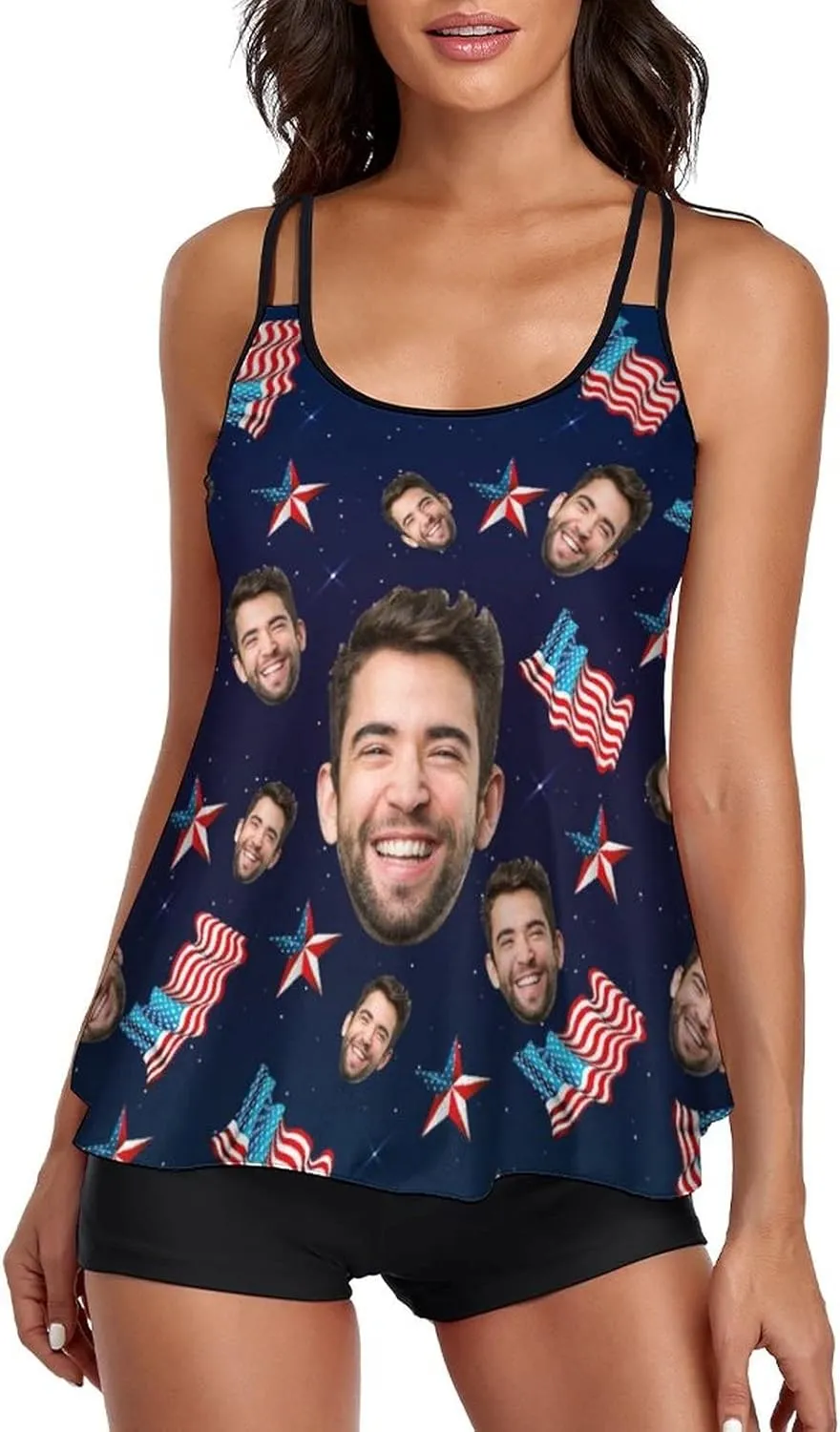Custom Face on Tankini Swimsuits for Women Plus Size Bathing Suits Amrican Flag Swimming Sports Tank Tops with Boyshorts