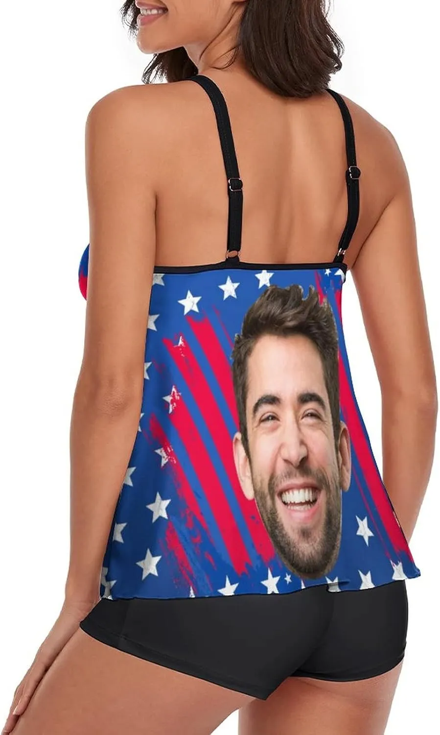 Custom Face on Tankini Swimsuits for Women Plus Size Bathing Suits Amrican Flag Swimming Sports Tank Tops with Boyshorts