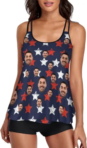 Custom Face on Tankini Swimsuits for Women Plus Size Bathing Suits Amrican Flag Swimming Sports Tank Tops with Boyshorts