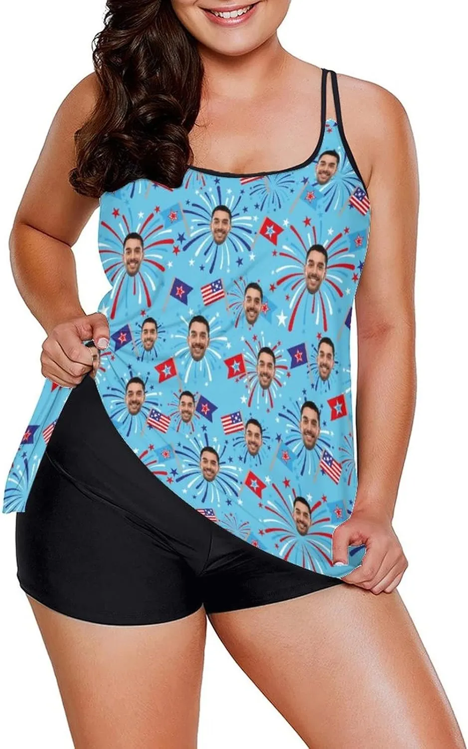 Custom Face on Tankini Swimsuits for Women Plus Size Bathing Suits Amrican Flag Swimming Sports Tank Tops with Boyshorts