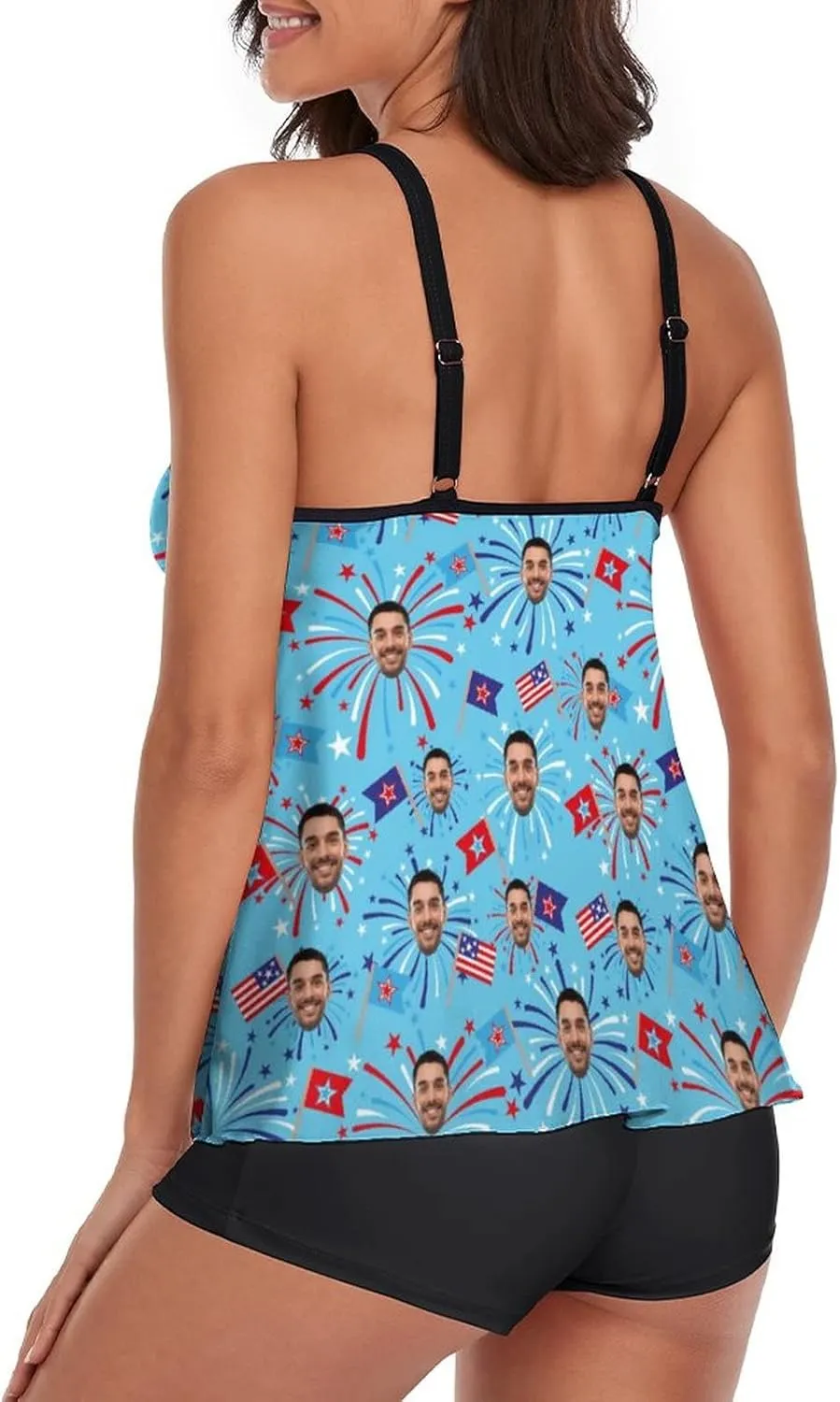 Custom Face on Tankini Swimsuits for Women Plus Size Bathing Suits Amrican Flag Swimming Sports Tank Tops with Boyshorts