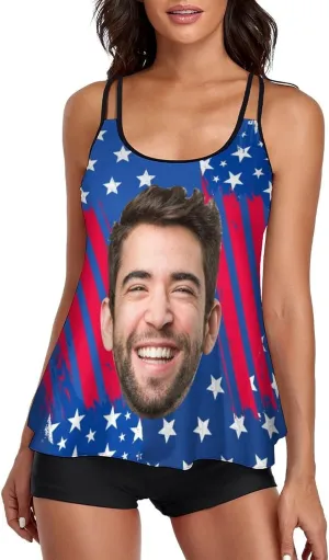 Custom Face on Tankini Swimsuits for Women Plus Size Bathing Suits Amrican Flag Swimming Sports Tank Tops with Boyshorts