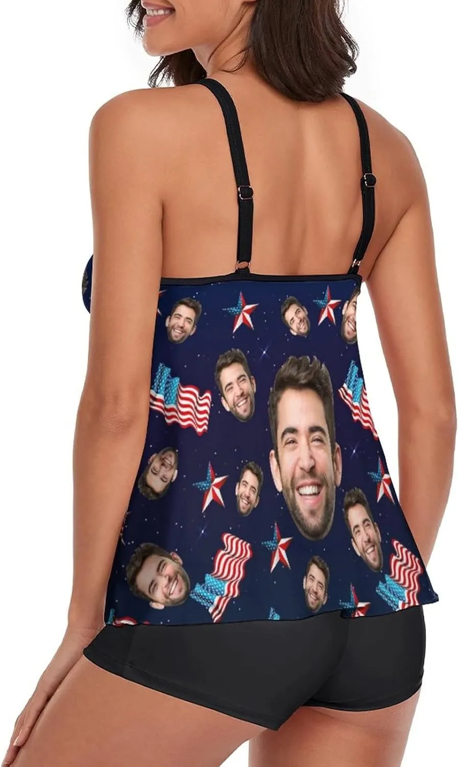 Custom Face on Tankini Swimsuits for Women Plus Size Bathing Suits Amrican Flag Swimming Sports Tank Tops with Boyshorts
