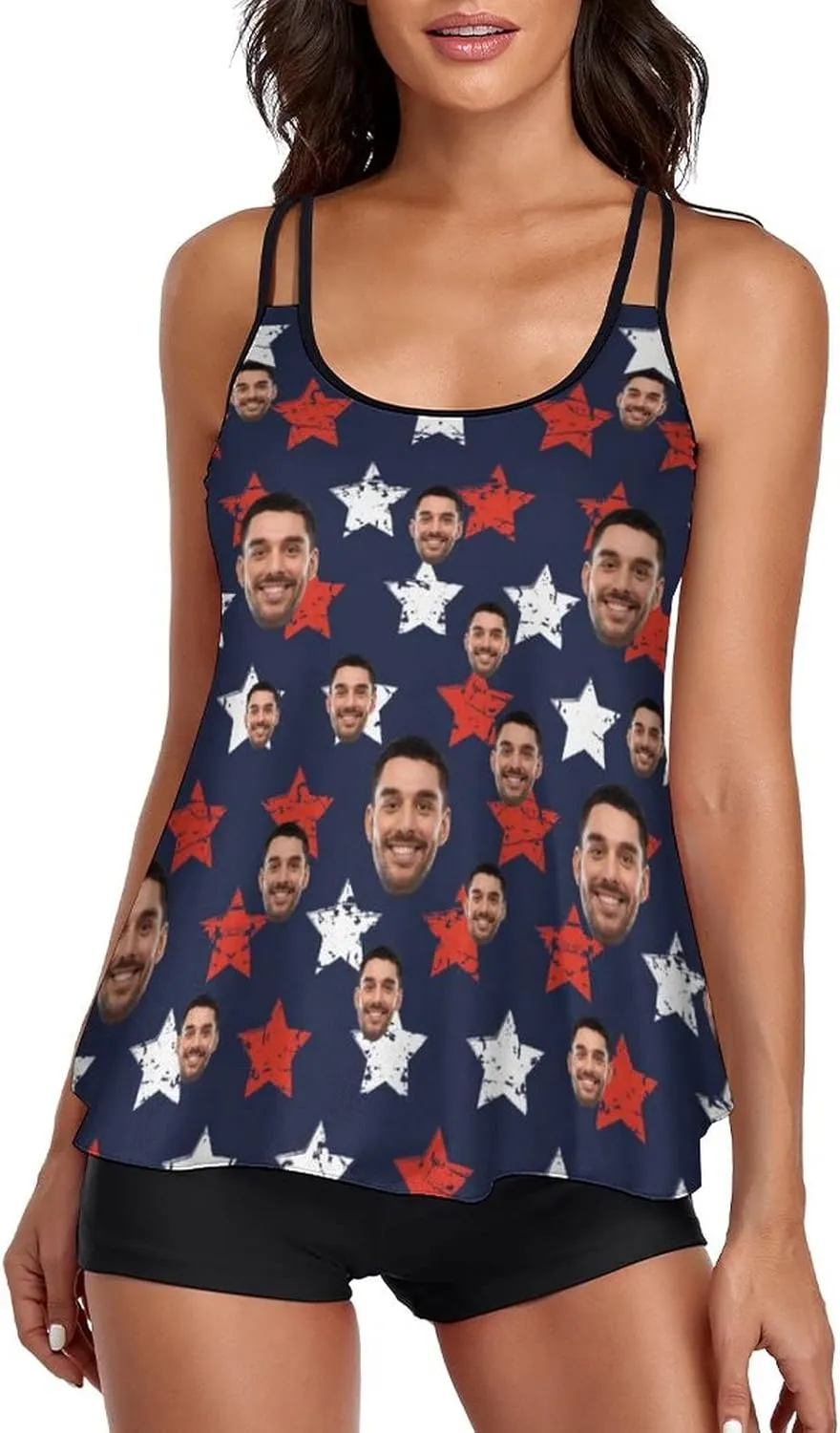 Custom Face on Tankini Swimsuits for Women Plus Size Bathing Suits Amrican Flag Swimming Sports Tank Tops with Boyshorts