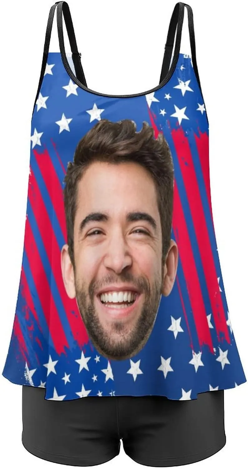 Custom Face on Tankini Swimsuits for Women Plus Size Bathing Suits Amrican Flag Swimming Sports Tank Tops with Boyshorts