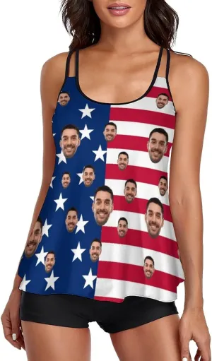 Custom Face on Tankini Swimsuits for Women Plus Size Bathing Suits Amrican Flag Swimming Sports Tank Tops with Boyshorts