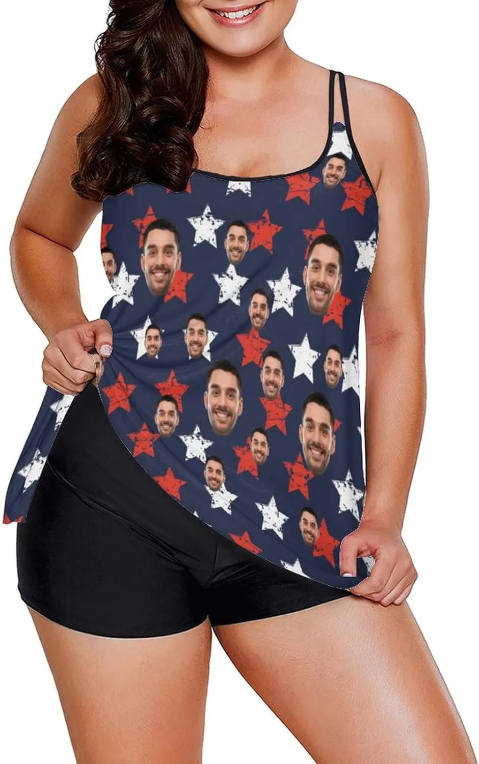 Custom Face on Tankini Swimsuits for Women Plus Size Bathing Suits Amrican Flag Swimming Sports Tank Tops with Boyshorts
