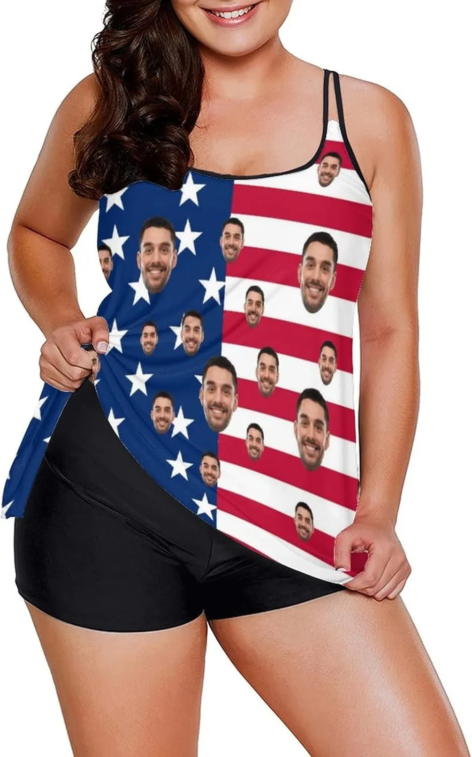 Custom Face on Tankini Swimsuits for Women Plus Size Bathing Suits Amrican Flag Swimming Sports Tank Tops with Boyshorts