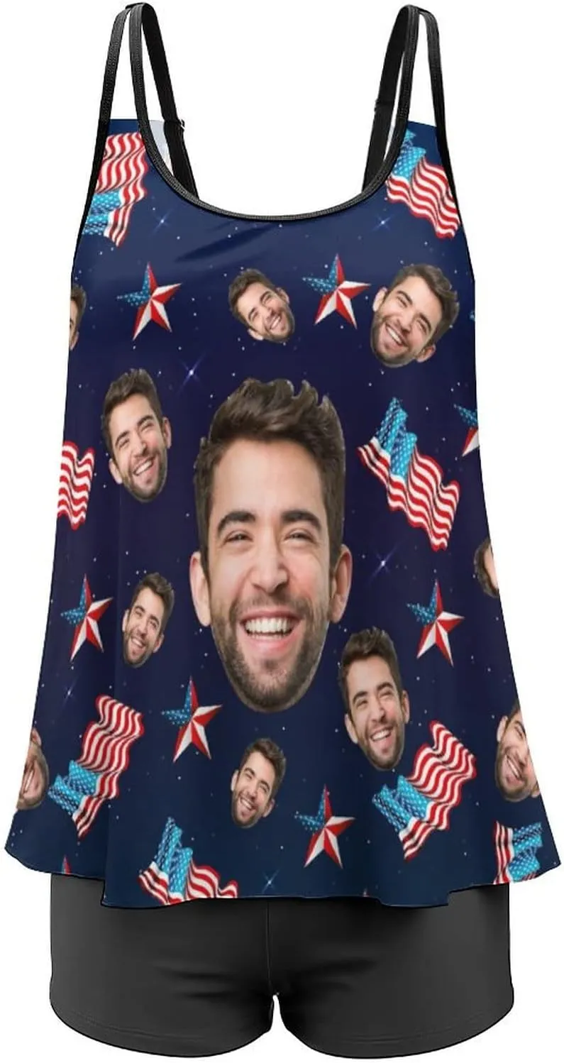 Custom Face on Tankini Swimsuits for Women Plus Size Bathing Suits Amrican Flag Swimming Sports Tank Tops with Boyshorts