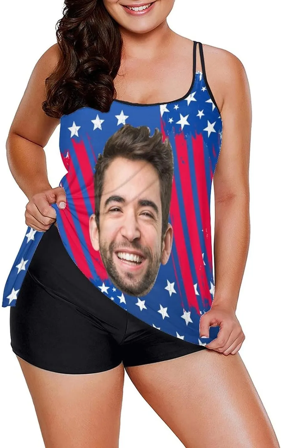 Custom Face on Tankini Swimsuits for Women Plus Size Bathing Suits Amrican Flag Swimming Sports Tank Tops with Boyshorts