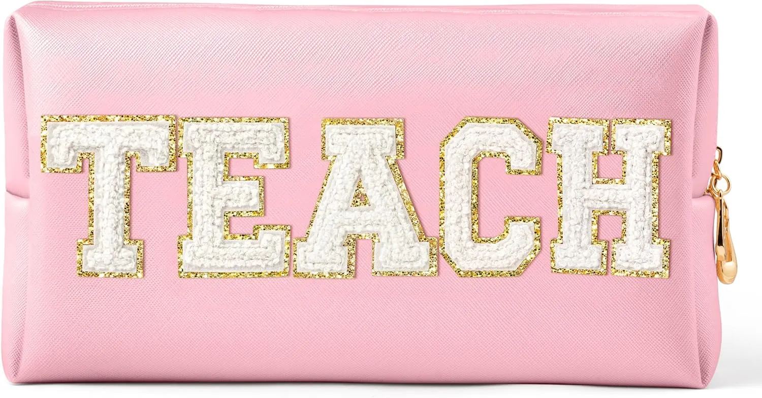 CY2SIDE TEACH Letter Makeup Bag - White TEACH Chenille Letter Patch Cosmetic Bag Pink PU Leather Patch Travel Pouch Waterproof Portable Zipper Travel Organizer for Teacher Appreciation Gifts Xams Gift