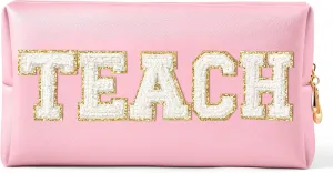 CY2SIDE TEACH Letter Makeup Bag - White TEACH Chenille Letter Patch Cosmetic Bag Pink PU Leather Patch Travel Pouch Waterproof Portable Zipper Travel Organizer for Teacher Appreciation Gifts Xams Gift