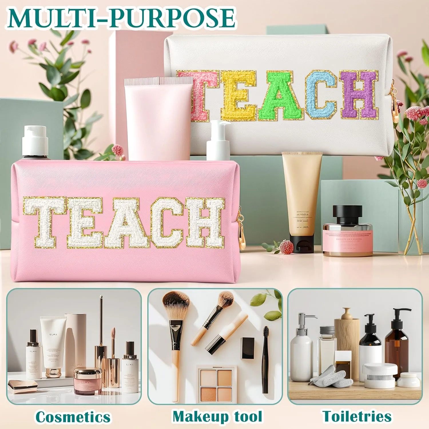 CY2SIDE TEACH Letter Makeup Bag - White TEACH Chenille Letter Patch Cosmetic Bag Pink PU Leather Patch Travel Pouch Waterproof Portable Zipper Travel Organizer for Teacher Appreciation Gifts Xams Gift