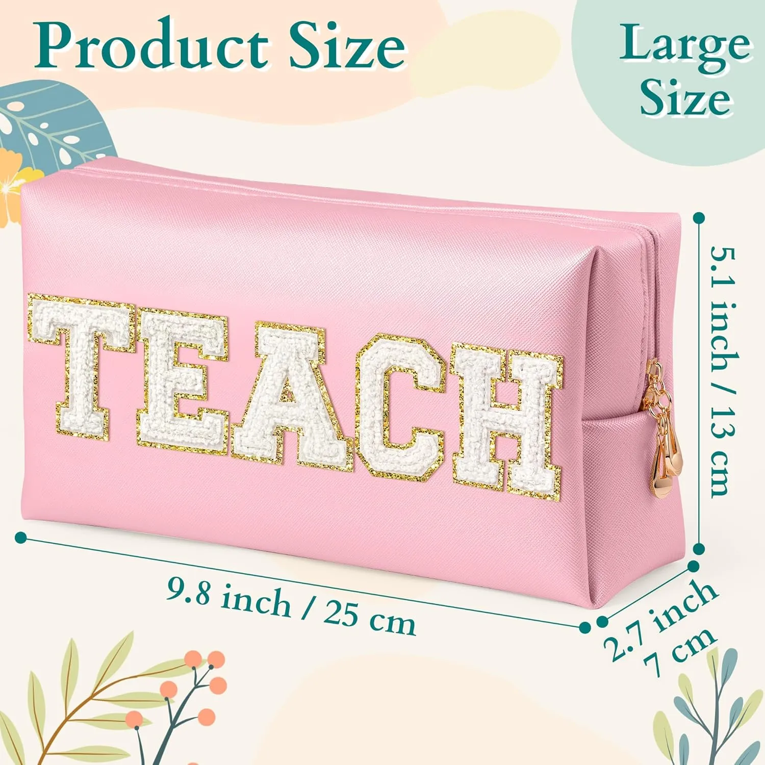 CY2SIDE TEACH Letter Makeup Bag - White TEACH Chenille Letter Patch Cosmetic Bag Pink PU Leather Patch Travel Pouch Waterproof Portable Zipper Travel Organizer for Teacher Appreciation Gifts Xams Gift