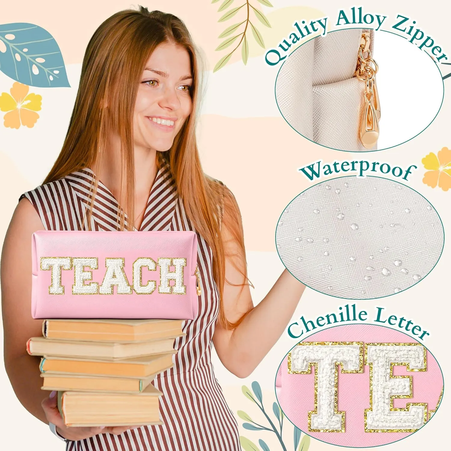 CY2SIDE TEACH Letter Makeup Bag - White TEACH Chenille Letter Patch Cosmetic Bag Pink PU Leather Patch Travel Pouch Waterproof Portable Zipper Travel Organizer for Teacher Appreciation Gifts Xams Gift