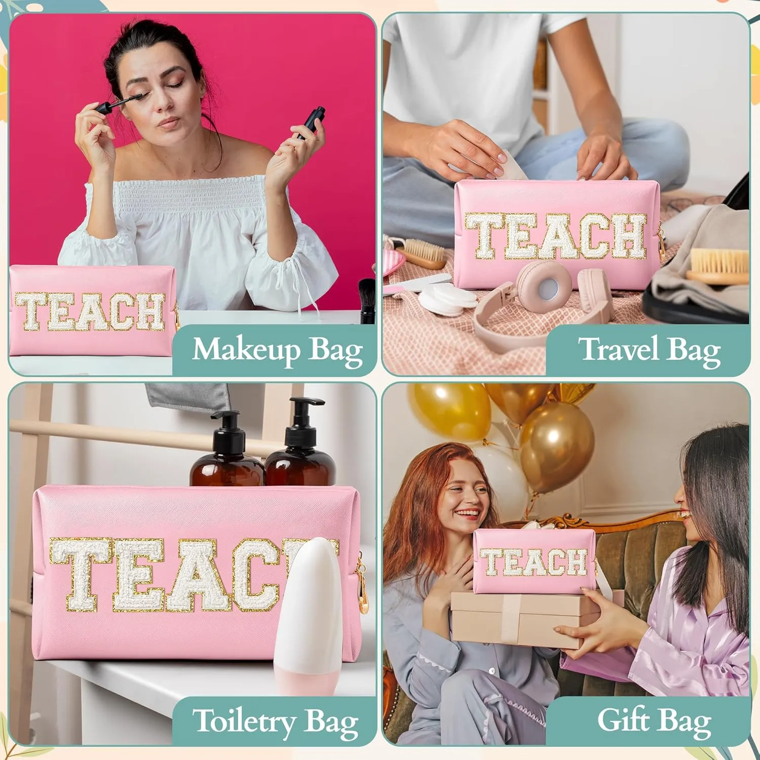 CY2SIDE TEACH Letter Makeup Bag - White TEACH Chenille Letter Patch Cosmetic Bag Pink PU Leather Patch Travel Pouch Waterproof Portable Zipper Travel Organizer for Teacher Appreciation Gifts Xams Gift