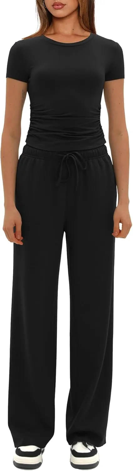 Darong Women's 2 Piece Outfits Casual Short Sleeve Pullover Tops and Wide Leg Pants Tracksuits Lounge Sets Trendy Clothes