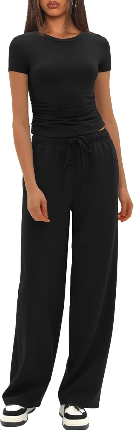 Darong Women's 2 Piece Outfits Casual Short Sleeve Pullover Tops and Wide Leg Pants Tracksuits Lounge Sets Trendy Clothes