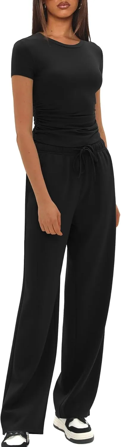Darong Women's 2 Piece Outfits Casual Short Sleeve Pullover Tops and Wide Leg Pants Tracksuits Lounge Sets Trendy Clothes