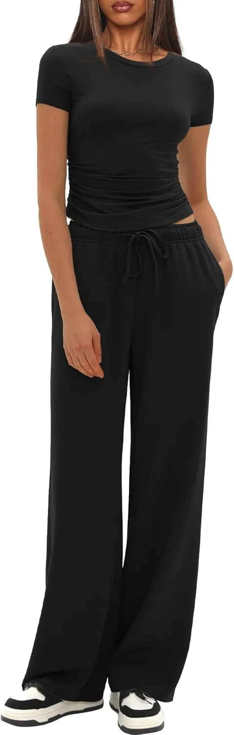 Darong Women's 2 Piece Outfits Casual Short Sleeve Pullover Tops and Wide Leg Pants Tracksuits Lounge Sets Trendy Clothes