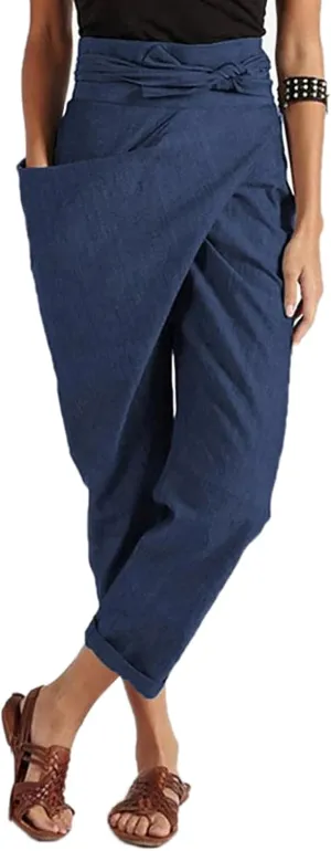 Dawery Women High Waist Irregular Harem Pants Tie One-Side Large Pocket Loose Wide Leg Straight Baggy Ninth Pants Turnip Trousers