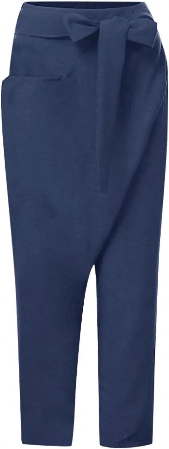 Dawery Women High Waist Irregular Harem Pants Tie One-Side Large Pocket Loose Wide Leg Straight Baggy Ninth Pants Turnip Trousers