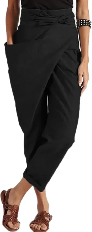 Dawery Women High Waist Irregular Harem Pants Tie One-Side Large Pocket Loose Wide Leg Straight Baggy Ninth Pants Turnip Trousers
