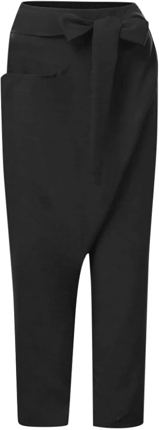Dawery Women High Waist Irregular Harem Pants Tie One-Side Large Pocket Loose Wide Leg Straight Baggy Ninth Pants Turnip Trousers