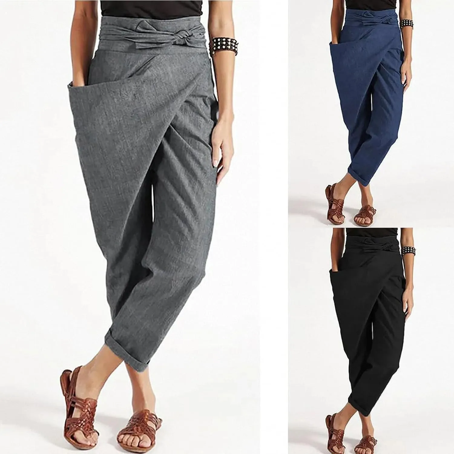 Dawery Women High Waist Irregular Harem Pants Tie One-Side Large Pocket Loose Wide Leg Straight Baggy Ninth Pants Turnip Trousers