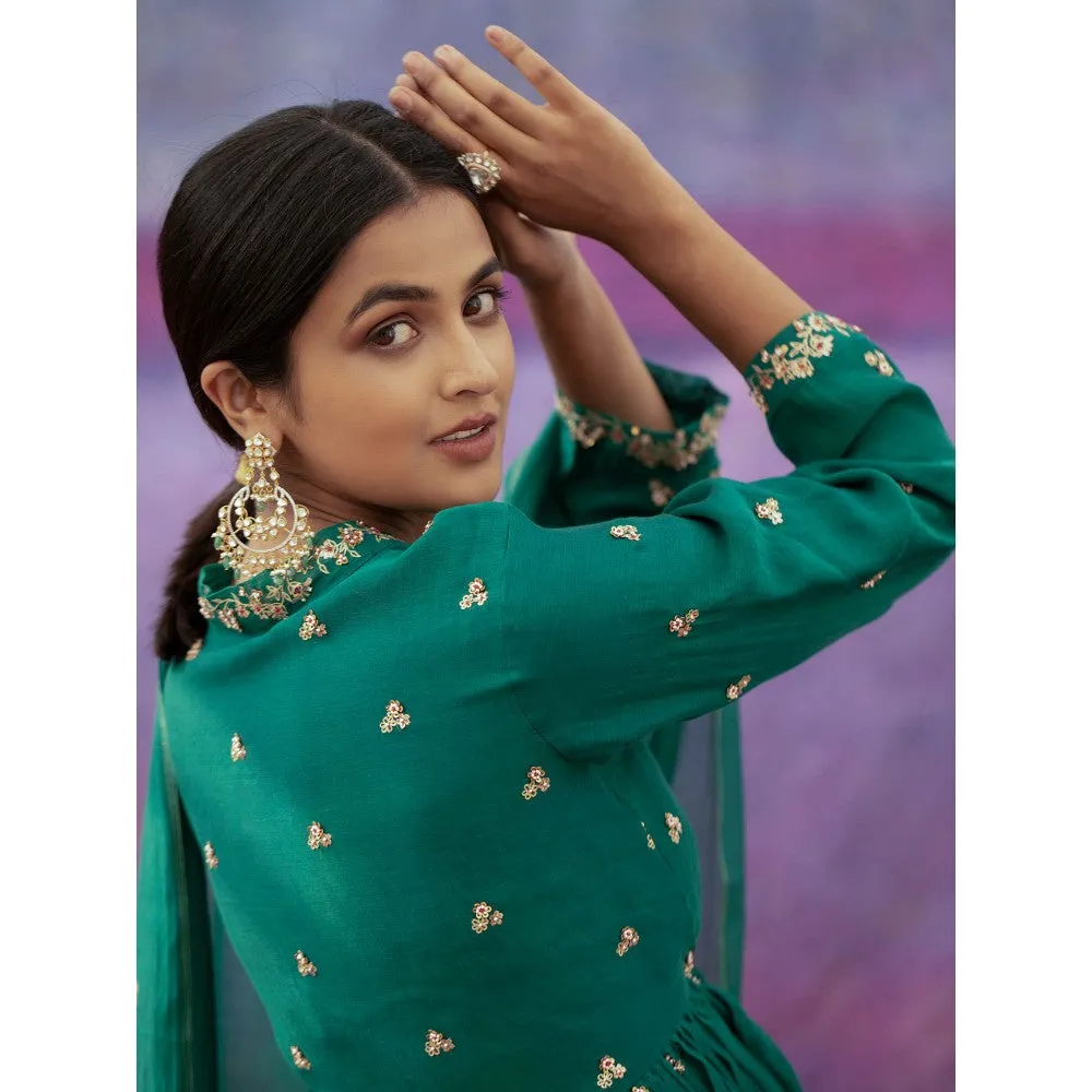 DEEPTHEE Green Jaal & Phool Hand Short Angarkha Kurti & Sharara with Dupatta (Set of 3)