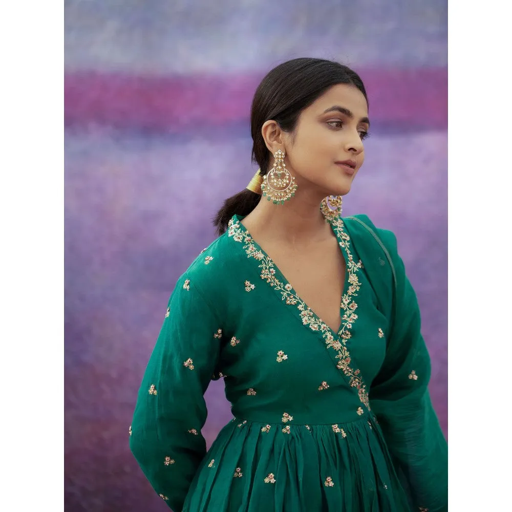 DEEPTHEE Green Jaal & Phool Hand Short Angarkha Kurti & Sharara with Dupatta (Set of 3)