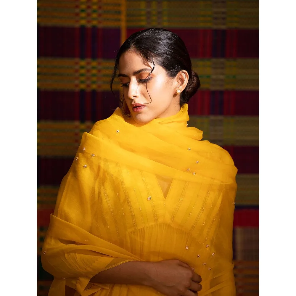 DEEPTHEE Haldi Hand Embroidered Gathered Kurta Pant & Dupatta with Slip (Set of 4)